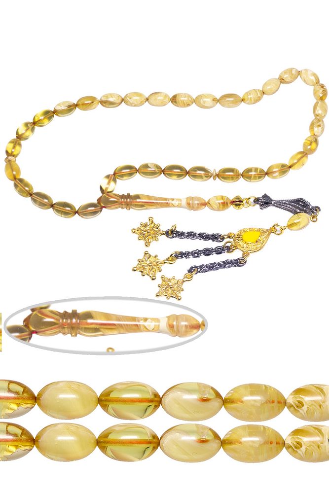 Sertifikalı Açık Sarı Renkli Hareli Sıkma Kehribar Tesbih