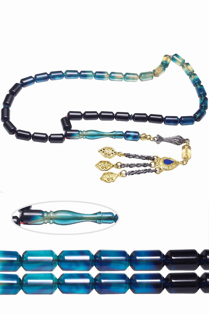 Sertifikalı Koyu Mavi Renkli Kapsül Kesim Ateş Kehribar Tesbih