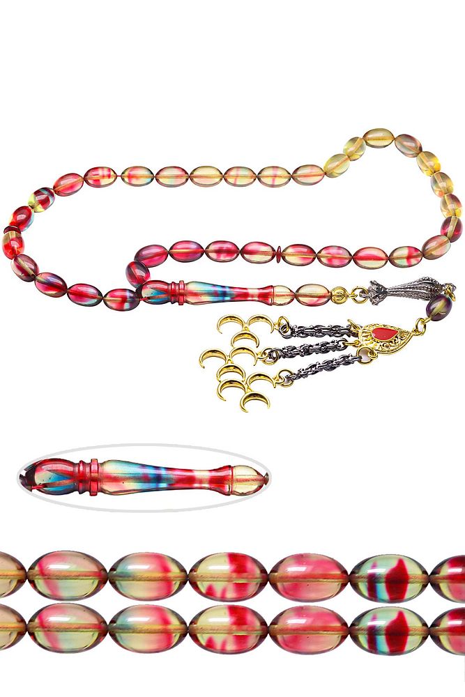 Renk Cümbüşü Altın Kaplama Püsküllü Ateş Kehribar Tesbih