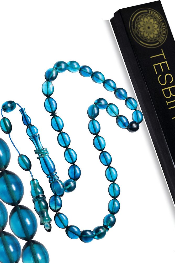 Sistemli Beyzi Kesim Şeffaf Mavi Renkli Halkalı Ateş Kehribar Tesbih