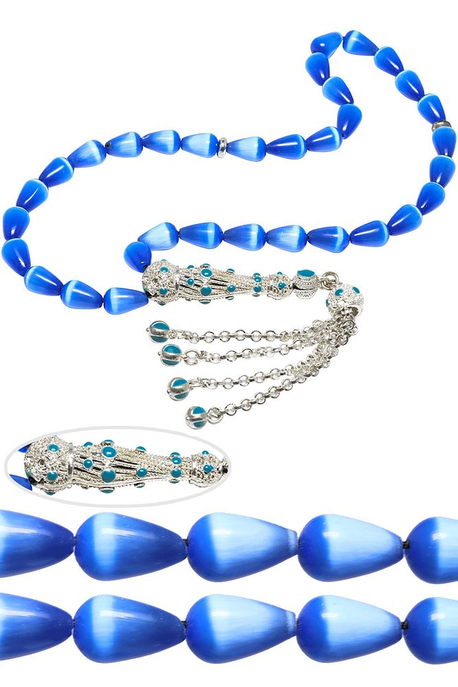 Sertifikalı Telkari Püskül Göz Yaşı Kesim Doğal Mavi Kedi Gözü Taşı Tesbih