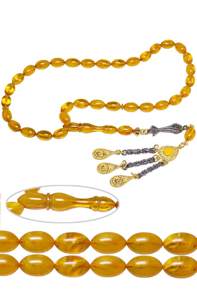 Sertifikalı Koyu Sarı Şeffaf Renkli Sıkma Kehribar Tesbih
