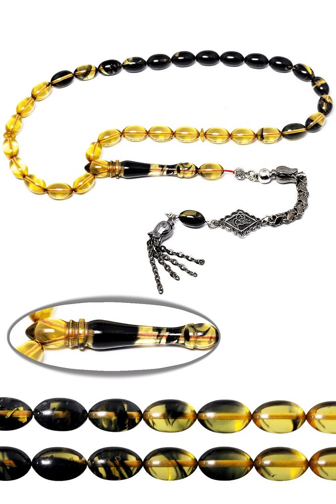 Siyah Şeffaf Renk Hüzmesi Ateş Kehribar Tesbih