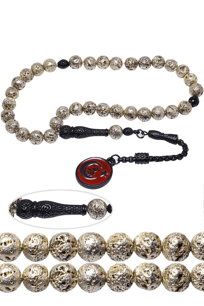 Siyah Nikel Püsküllü Gümüş Renkli Lav Taşı Tesbih