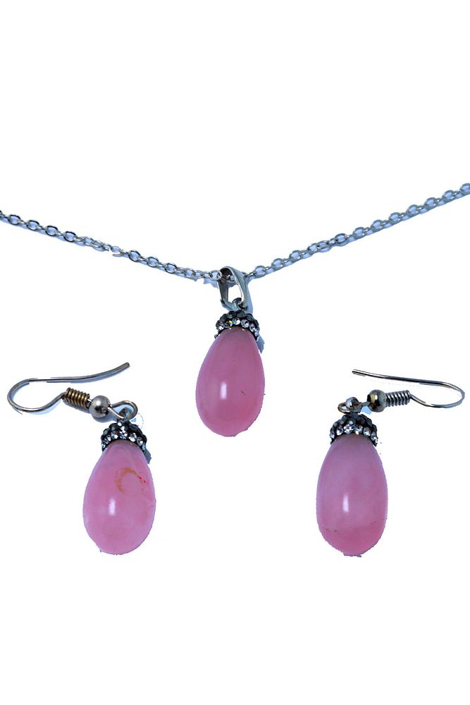 Sertifikalı Doğal Pembe Kuvars Taşı Kolye Ve Küpe Set