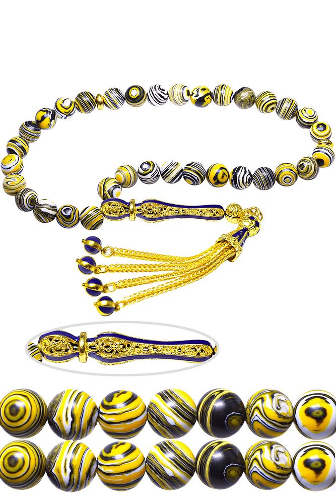 Sertifikalı Sarı Mavi Renk Telkari Püsküllü Fransız Galalit Tesbih