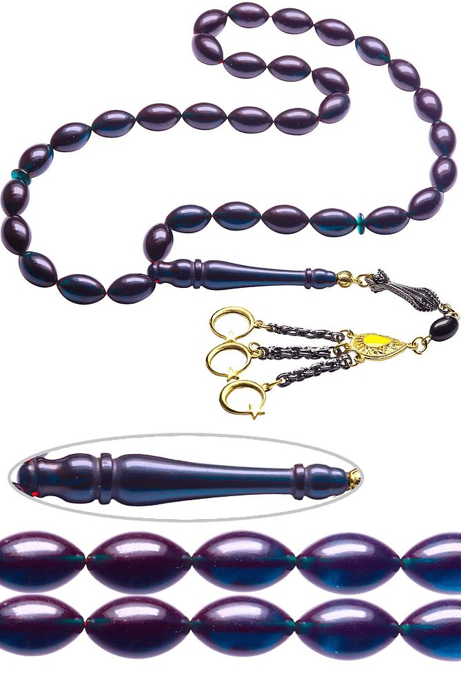 Üçlü Püsküllü Beyzi Kesim Dışı Siyah Içi Mavi Ateş Kehribar Tesbih