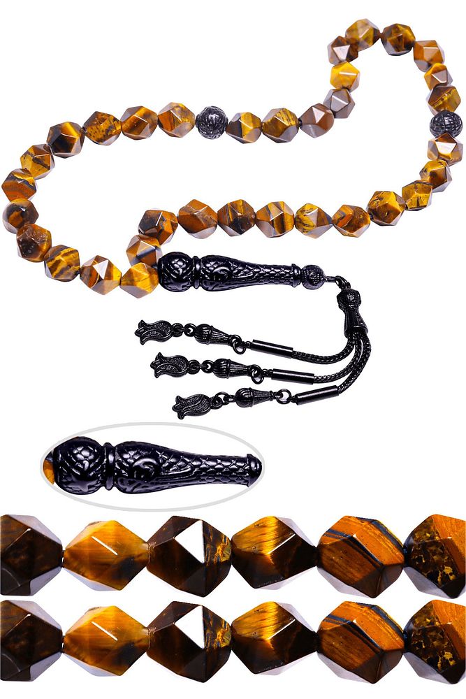 Sertifikalı Siyah Nikel Püsküllü Fasetl Doğal Kaplan Gözü Taşı Tesbih