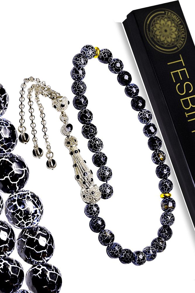 Sertifikalı Telkari Püskül Doğal Siyah Akik Taşı Tesbih