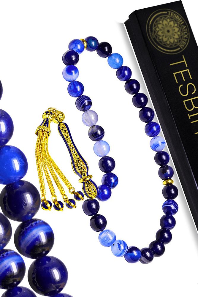 Sertifikalı Telkari Püskül Doğal Mavi Akik Taşı Tesbih
