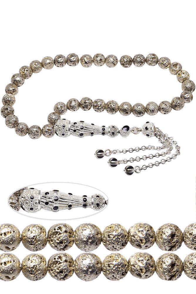 Sertifikalı Telkari Püskül Gümüş Doğal Yanardağ Tüfü Volkanik Lav Taşı Tesbih