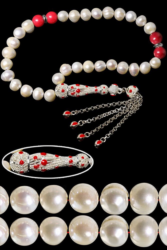 Sertifikalı Telkari Püskül Doğal Kırmızı Mercan Istiridye Inci Tesbih