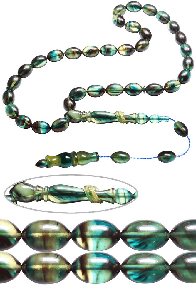 Sistemli Beyzi Kesim Mavi Siyah Renkli Halkalı Ateş Kehribar Tesbih