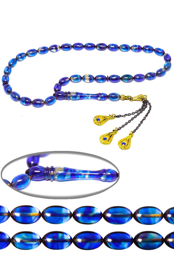 Sertiifkalı Mavi Renk Hüzmesi Mineli Püsküllü Ateş Kehribar Tesbih