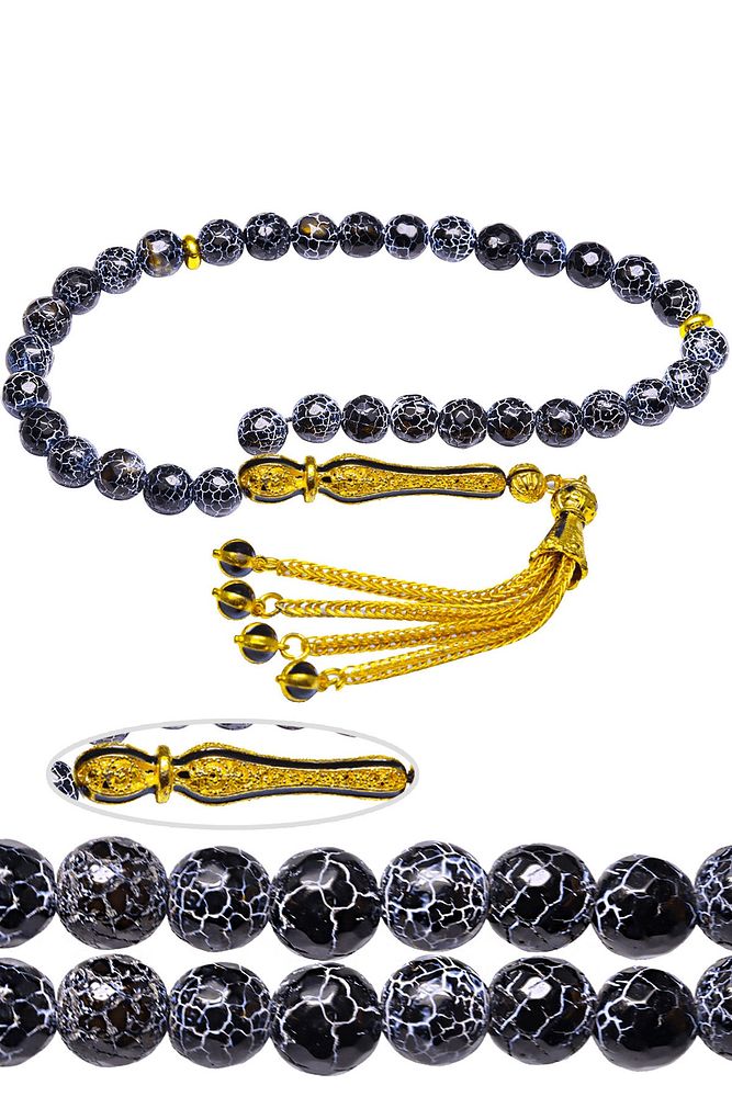 Sertifikalı Telkari Püskül Doğal Siyah Akik Taşı Tesbih