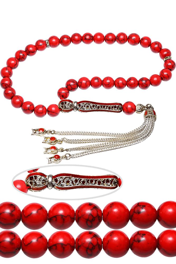 Sertifikalı Telkari Püskül Küre Kesim Doğal Kırmızı Mercan Tesbih