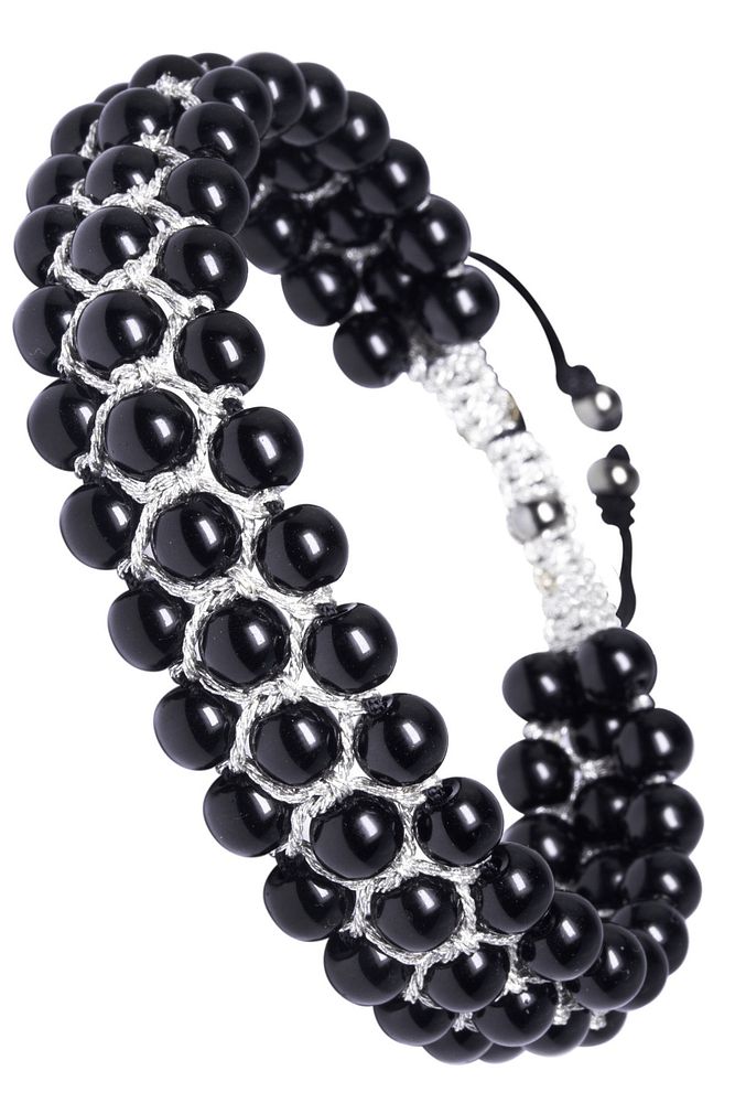 Üçlü Gümüş Makrome Parlak Oniks Bileklik