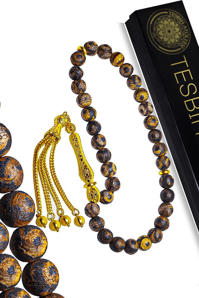 Sertifikalı Sarı Renkli Telkari Püskül Doğal Tibet Akik Taşı Tesbih