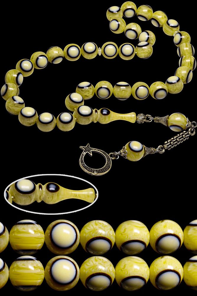 Sertifikalı Kral Püskül Küre Kesim Sarı Renk Hareli Benekli Toz Kehribar Tesbih