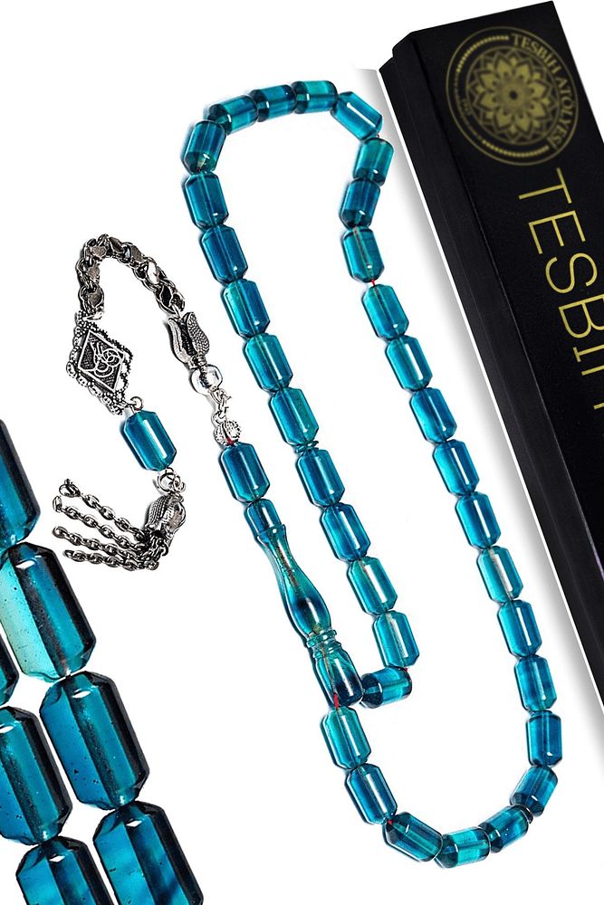 Sertifikalı Mavi Renkli Kapsül Kesim Saçaklı Püsküllü Ateş Kehribar Tesbih