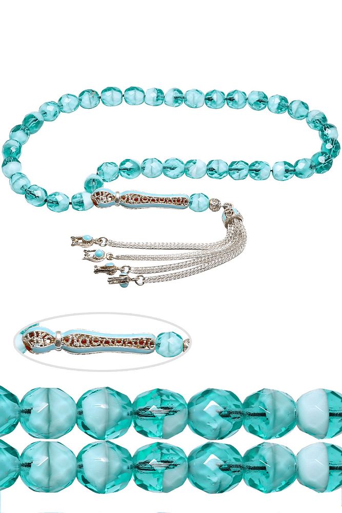 Sertifikalı Beyaz Turkuaz Mineli Telkari Püskül Doğal Kuvars Taşı Tesbih