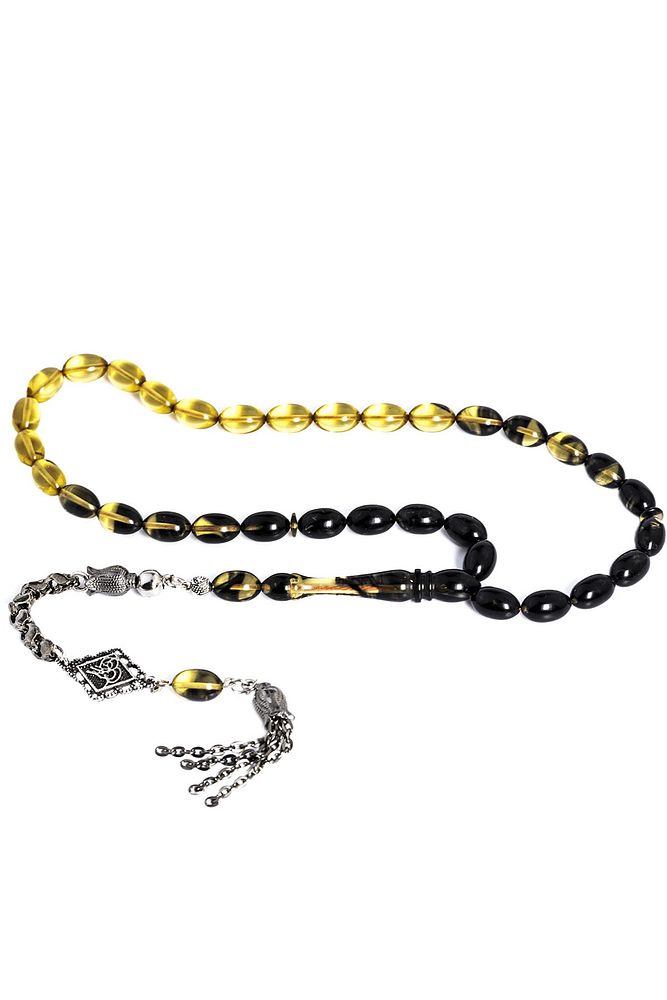 Sertifikalı Siyah Şeffaf Renkli Burgulu Püskül Hüzmesi Ateş Kehribar Tesbih