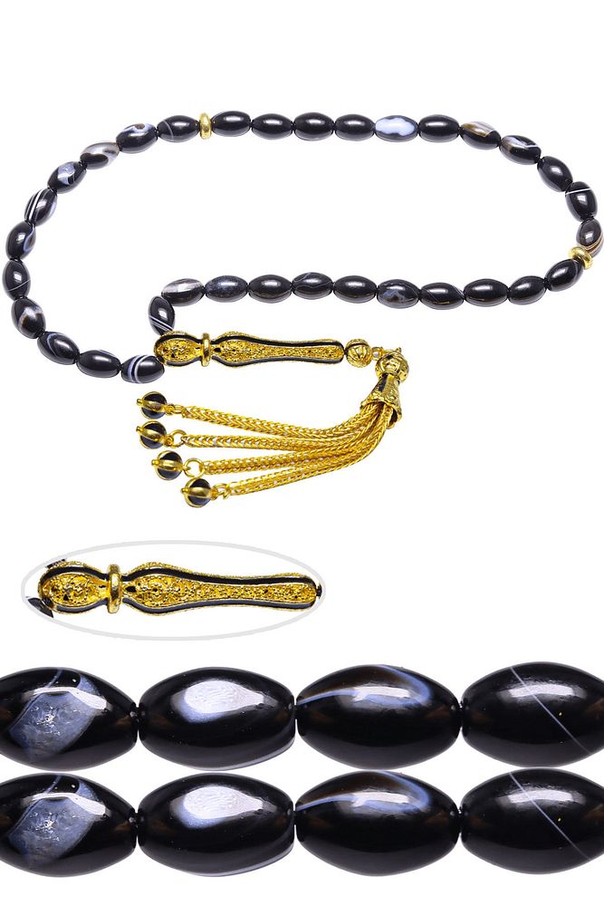 Sertifikalı Telkari Püskül Arpa Kesim Doğal Siyah Akik Taşı Tesbih