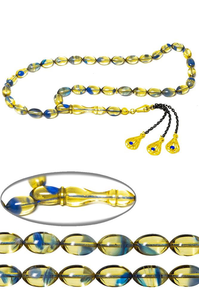 Mavi Şeffaf Renkli Beyzi Kesim Altın Kaplama Püsküllü Ateş Kehribar Tesbih