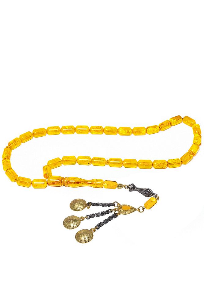 Sarı Renkli Hareli Kapsül Kesim Sıkma Kehribar Tesbih