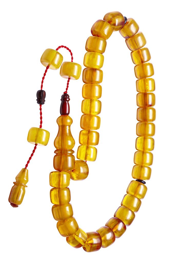 Sistemli Fıçı Kesim Sarı Renkli Çubuk Sıkma Kehribar Tesbih