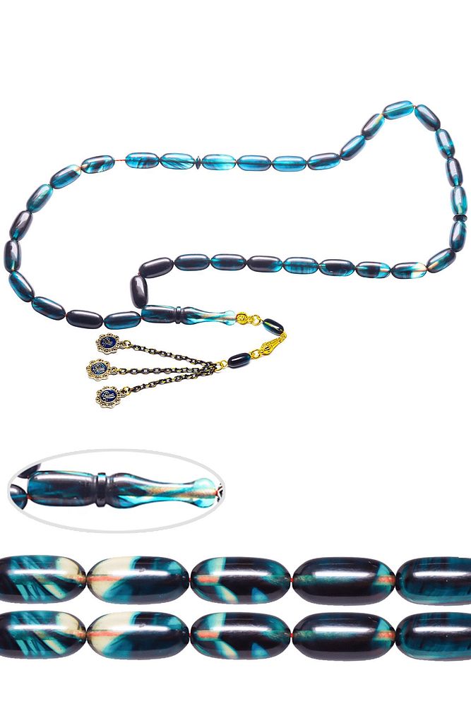 Sertifikalı Siyah Mavi Renkli Sıkma Kehribar Tesbih