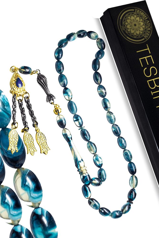 Sertifikalı Altın Kaplama Püskül Mavi Renkli Sıkma Kehribar Tesbih