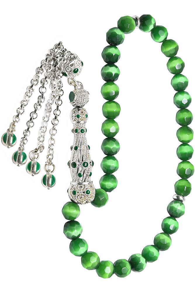 Beyaz Yeşil Mineli Telkari Püskül Doğal Yeşil Kedi Gözü Taşı Tesbih