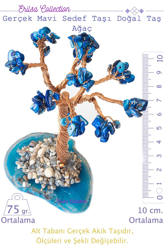 Sertifikalı Gerçek Mavi Sedef Doğal Taşı Ağaç - Akik Plakalı