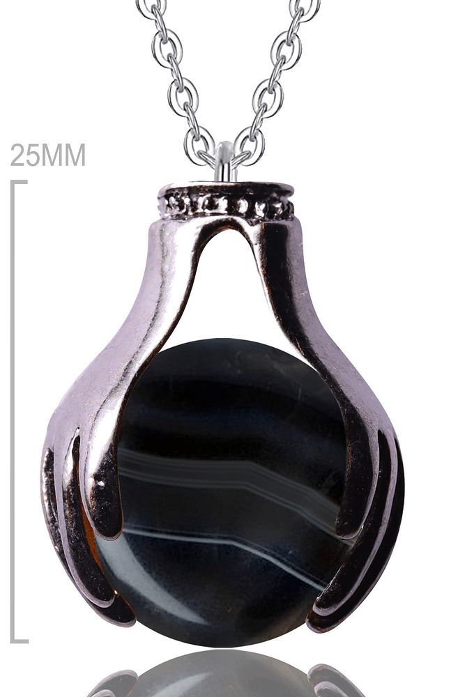 Sertifikalı El Sembolü Küre Kesim Siyah Doğal Akik Taşı Kolye