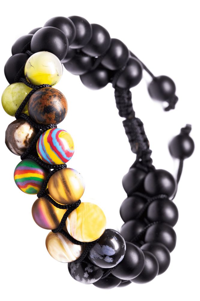 Siyah Küre Çift Sıra Makrome 7 Çakra Bileklik