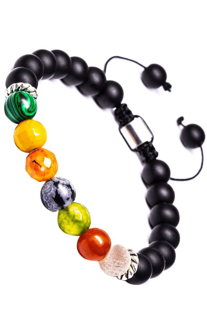 Sertifikalı Makrome 7 Çakra Doğal Taş Bileklik - Malahit Akik Jasper Obsidyen Kuvars Oniks Taşı