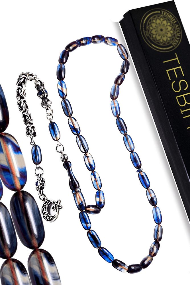 Sertifikalı Siyah Mavi Renk Sıkma Kehribar Tesbih