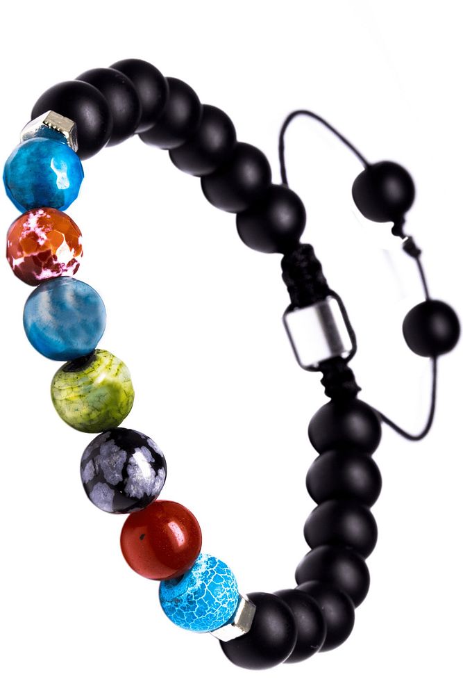 Doğal Siyah Fasetli Makrome Doğal Oniks Hematit Kuvars Akik 7 Çakra Bileklik