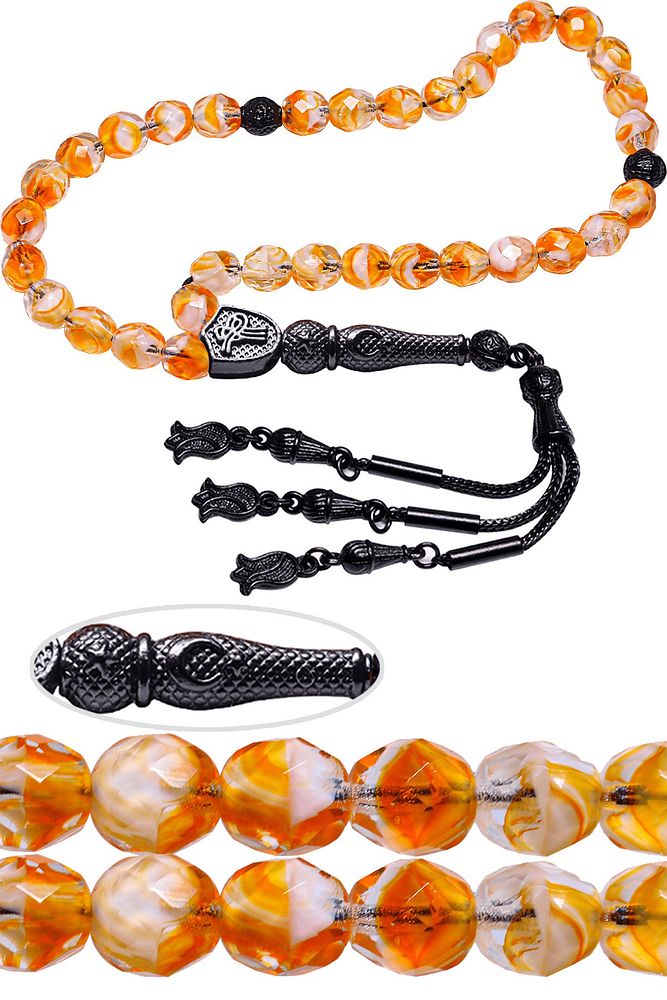 Siyah Nikel Püsküllü Fasetli Doğal Turuncu Kuvars Tesbih