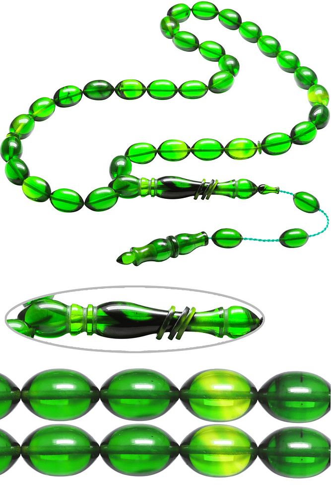 Sistemli Beyzi Kesim Yeşil Renkli Halkalı Ateş Kehribar Tesbih