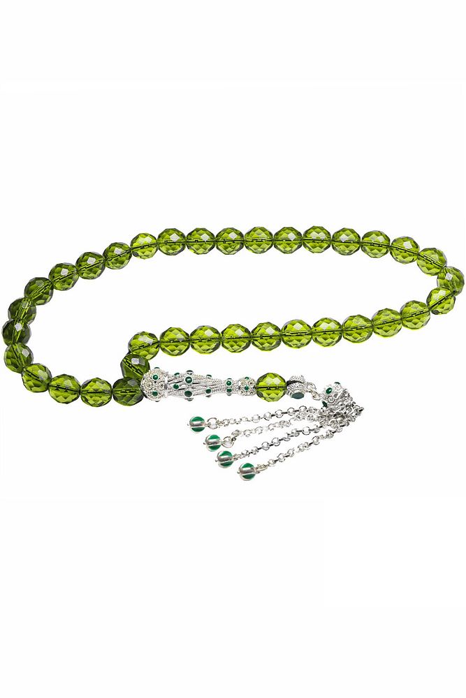 Sertifikalı Beyaz Mineli Telkari Püskül Fasetli Doğal Yeşil Kuvars Taşı Tesbih