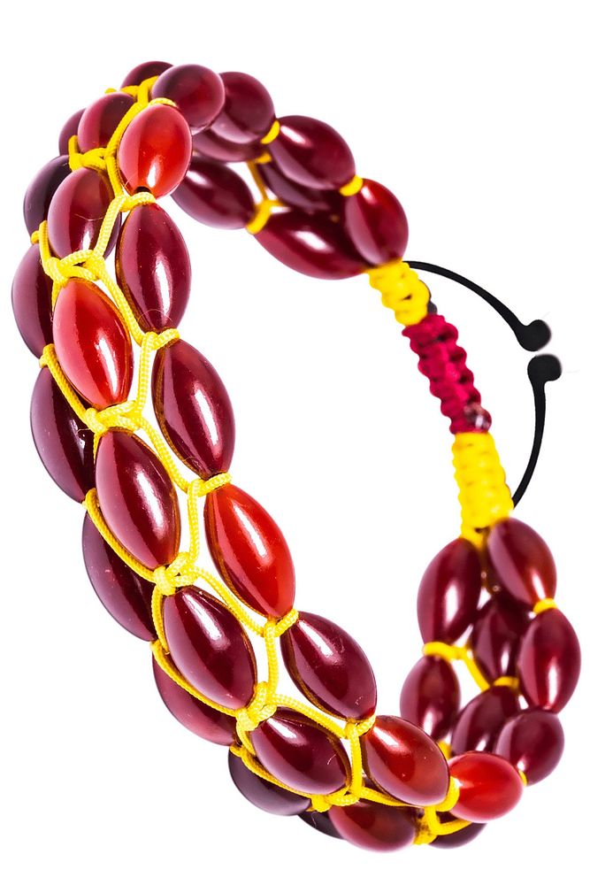 Sarı Makrome Kırmızı Sıkma Kehribar Bileklik