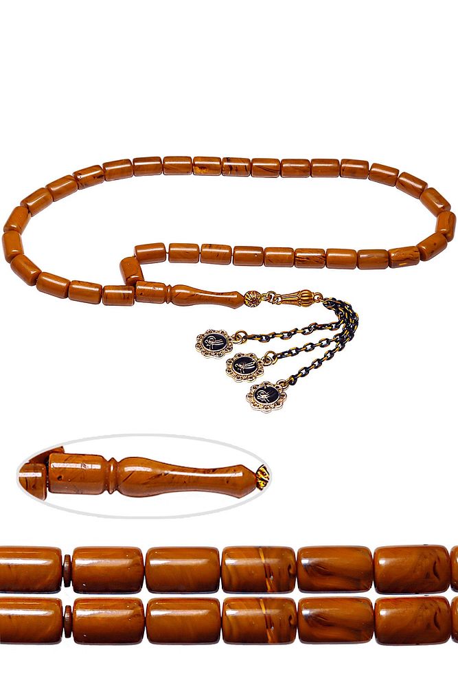 Sertifikalı Turuncu Renkli Üçlü Püsküllü Sıkma Kehribar Tesbih