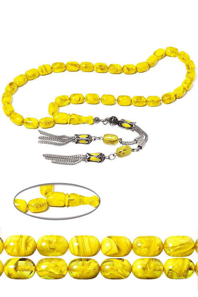 Sertifikalı Sarı Renk Hareli Sıkma Kehribar Tesbih