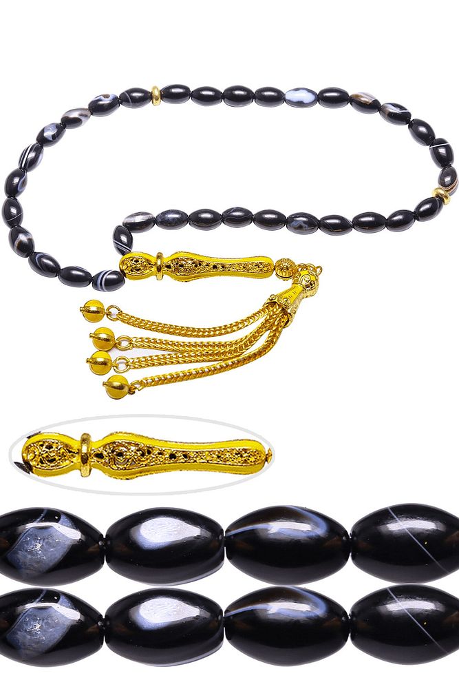 Sertifikalı Gerçek Telkari Püskül Siyah Doğal Akik Taşı Tesbih