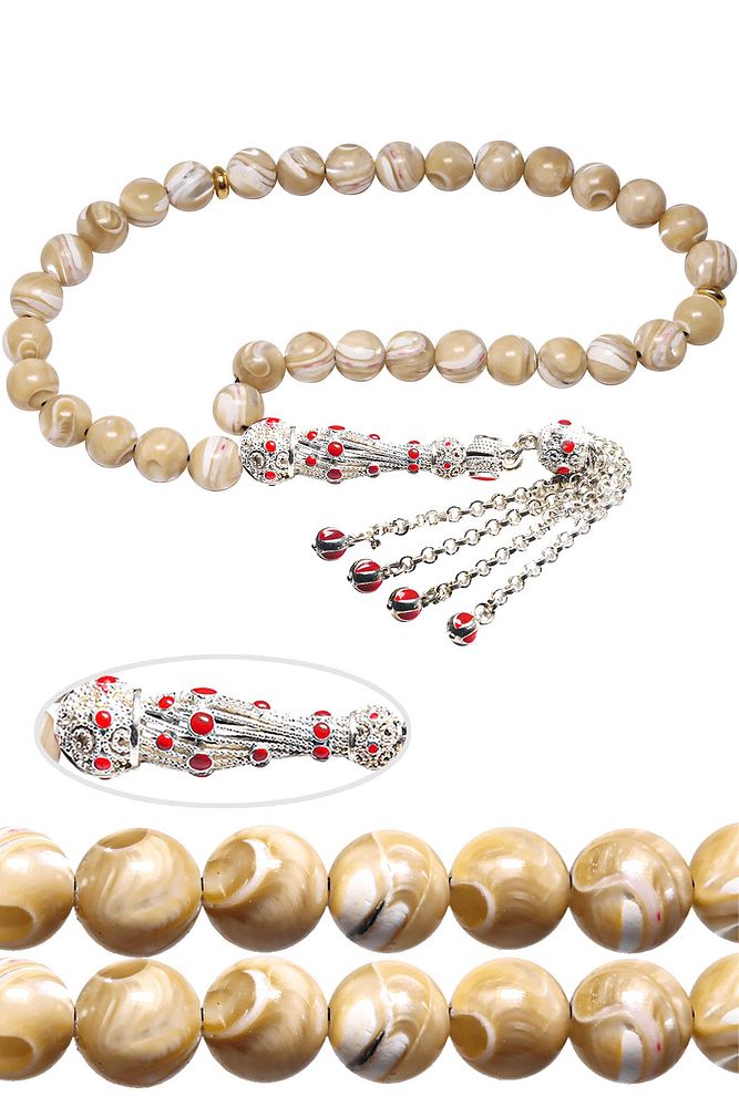 Beyaz Kırmızı Mineli Telkari Püsküllü Doğal Damarlı Sedef Tesbih