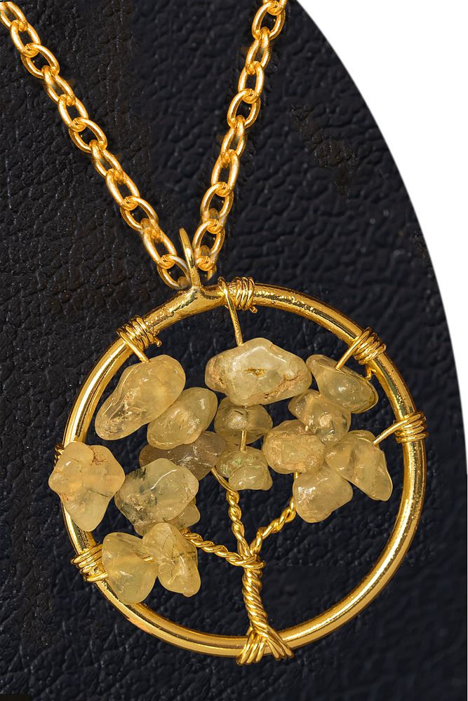 Sertifikalı Gold Prehnite - Prinayt Taşı Hayat Ağacı Kolye - Altın Renkli