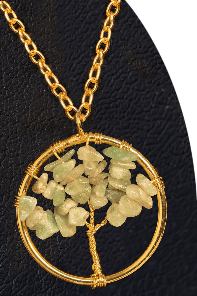 Sertifikalı Gold Aventurin Taşı Hayat Ağacı Kolye - Altın Renk