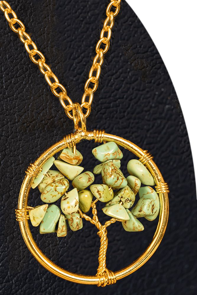 Sertifikalı Gold Firuze (Turkuaz) Taşı Hayat Ağacı Kolye - Altın Renkli